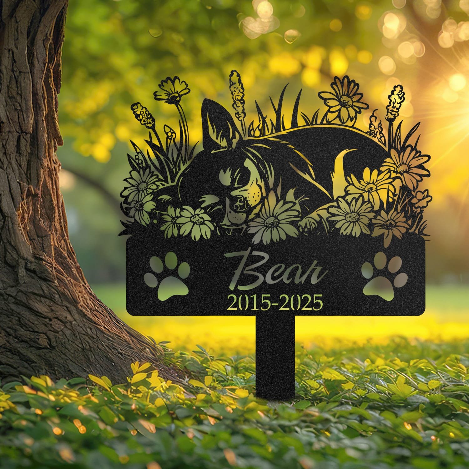 Chihuahua pet grave marker displayed outdoors in a garden setting, showing the personalized sleeping-pose daisy floral design in place on the stake.