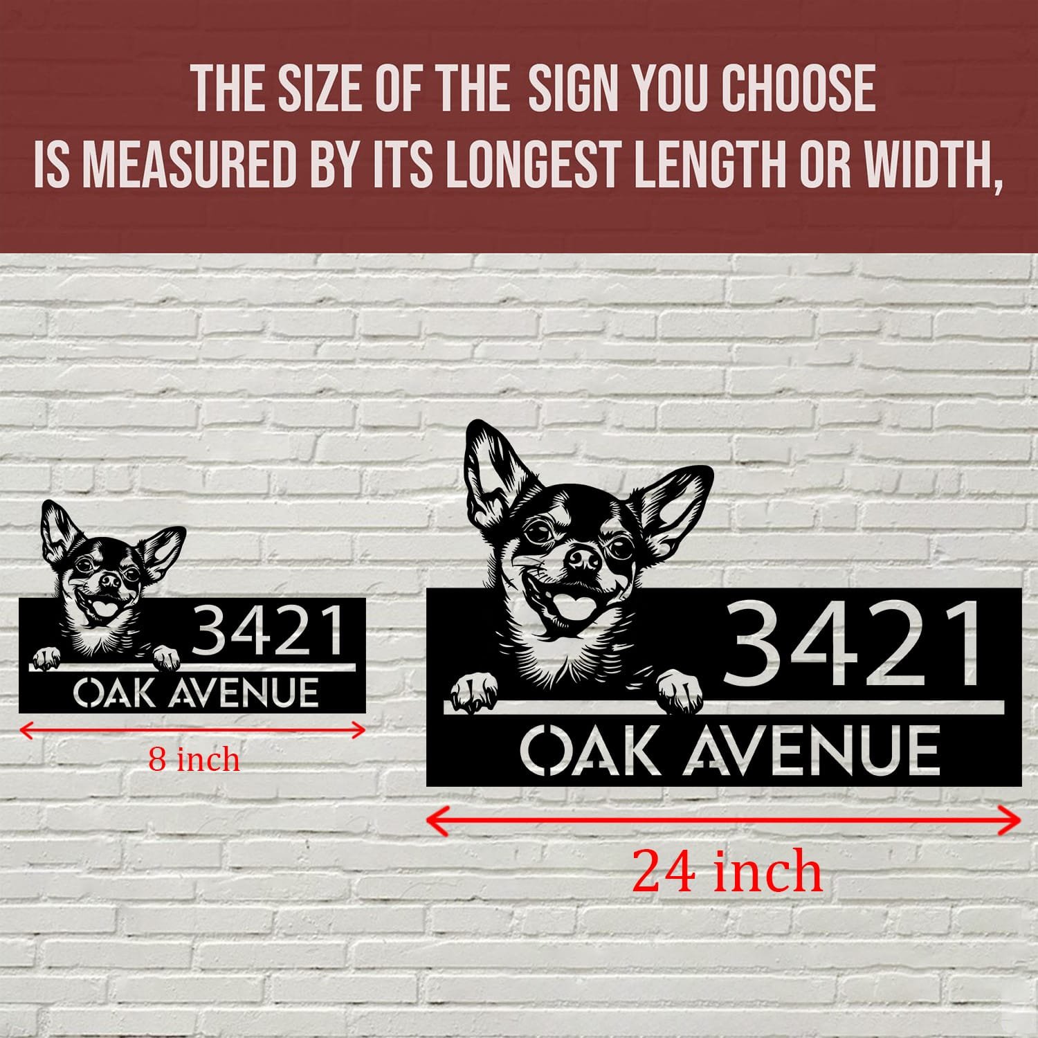 Size comparison chart showing the Chihuahua address sign at 8 inch and 24 inch sizes