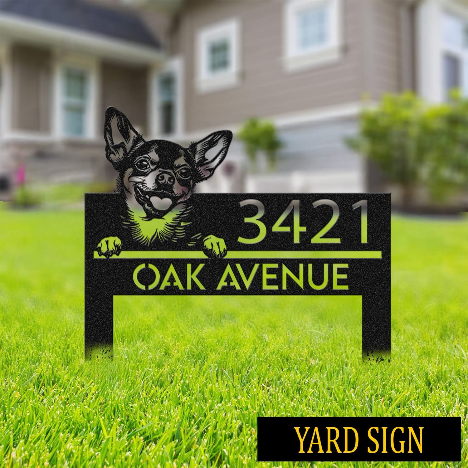 Chihuahua address sign on stakes in a grassy front yard with a house in the background