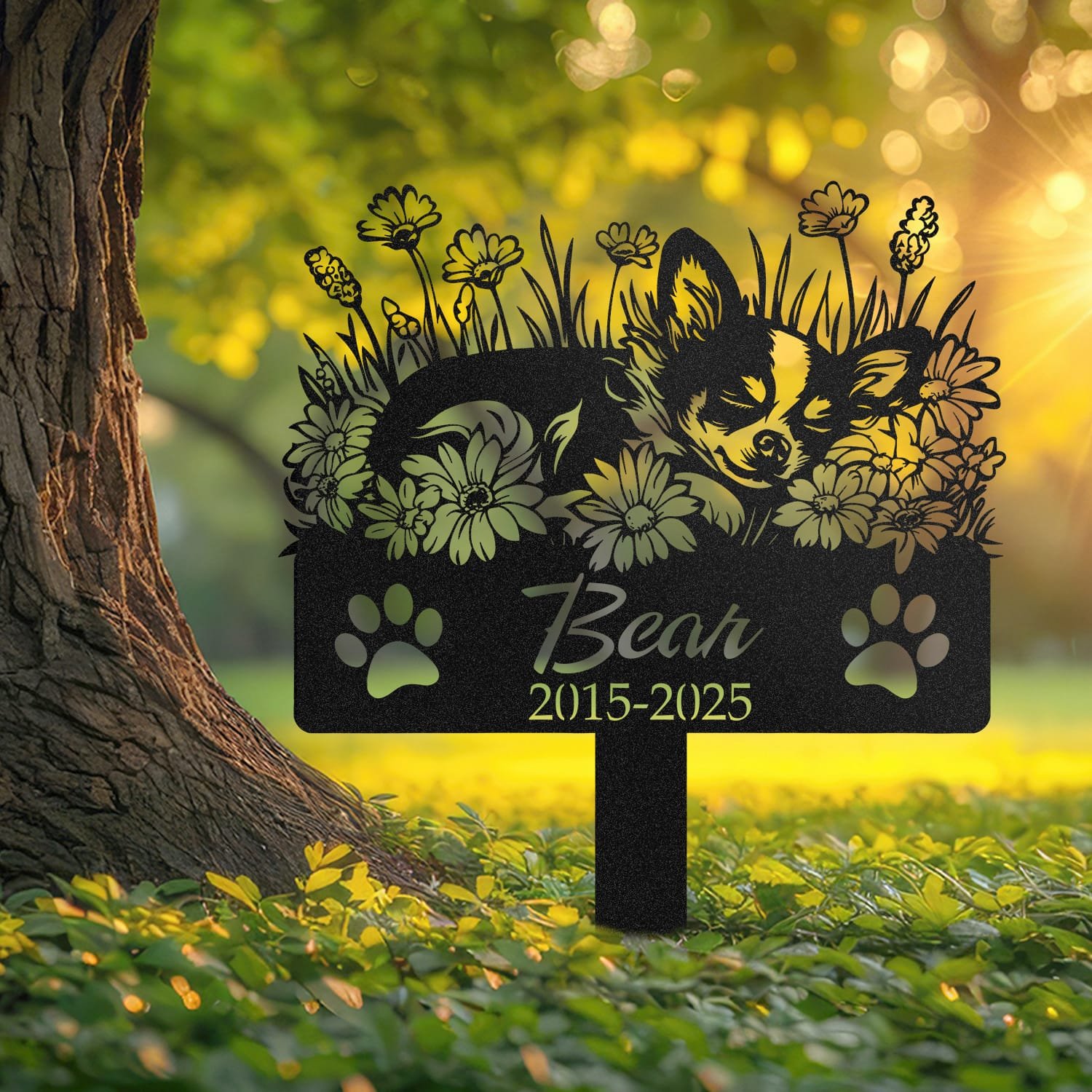 Chihuahua pet grave marker displayed outdoors in a garden setting, showing the personalized sleeping-pose daisy floral design in place on the stake.