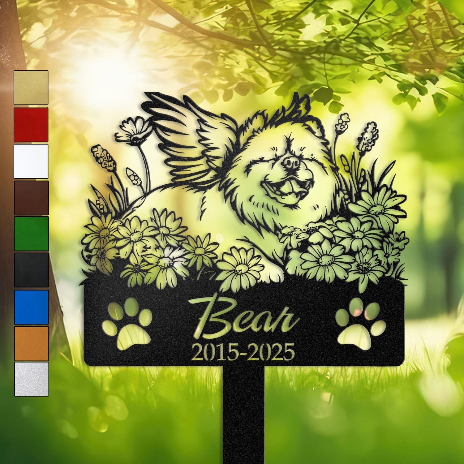 Personalized Chow Chow metal pet grave marker with angel wings and daisy flowers, displayed in a sunlit garden with color swatch options