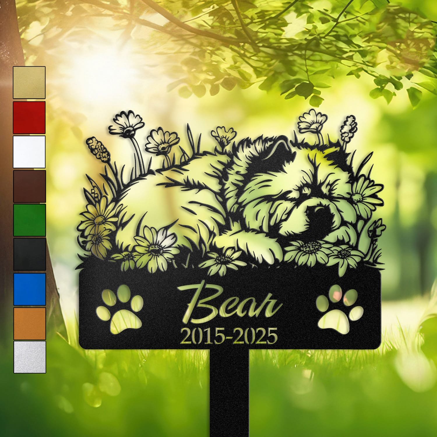 Personalized Chow Chow metal pet grave marker in a sleeping pose surrounded by daisy flowers, displayed in a sunlit garden with color swatch options