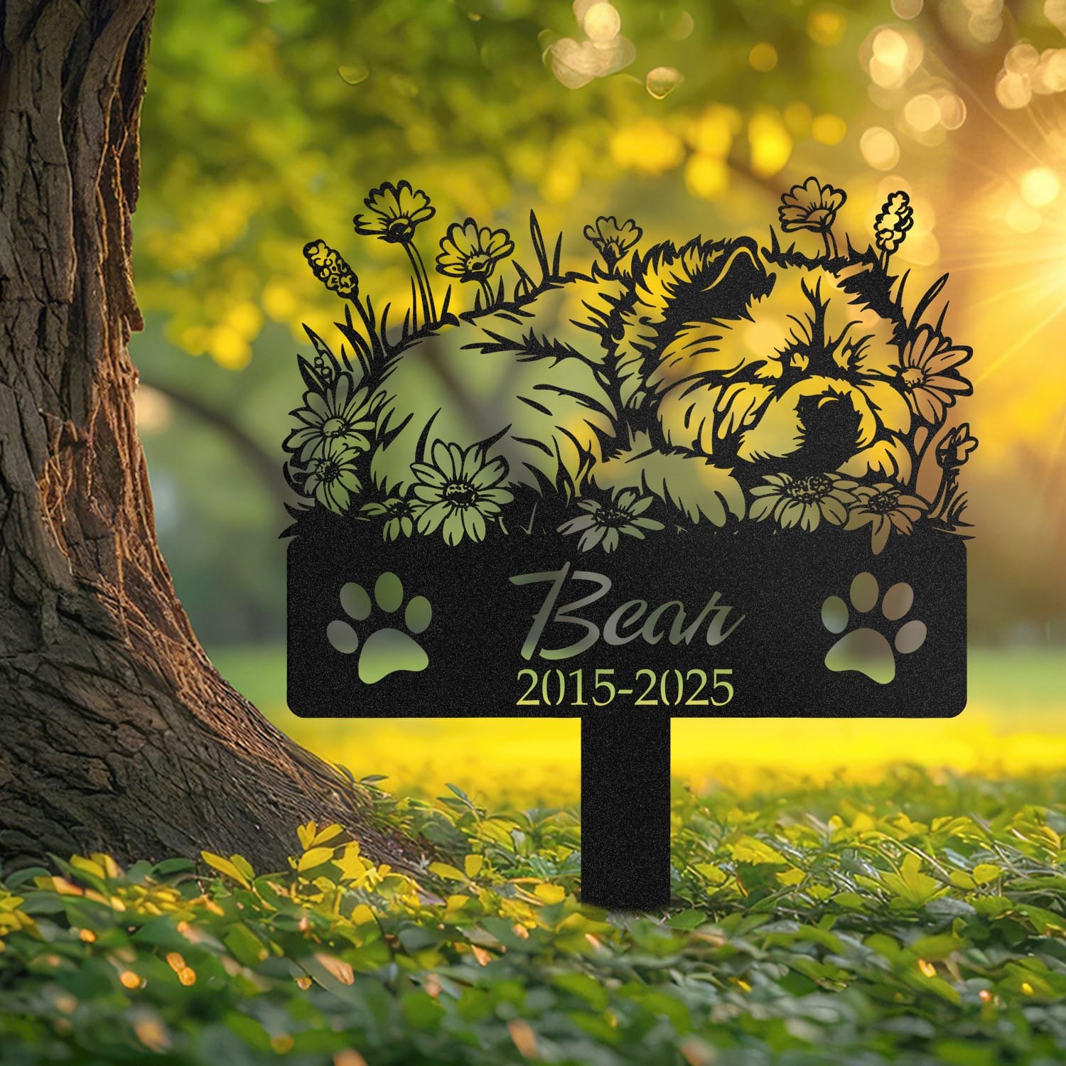 Chow Chow sleeping pose pet grave marker shown close up in a sunlit garden with daisy flowers and grass