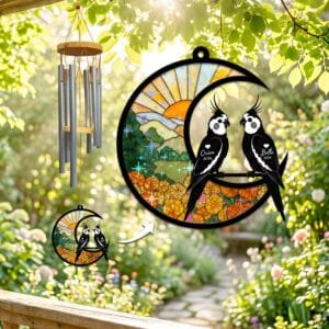 Stained-glass memorial wind chime suncatcher showing two cockatiel silhouettes perched together on a crescent moon over a marigold field at sunrise