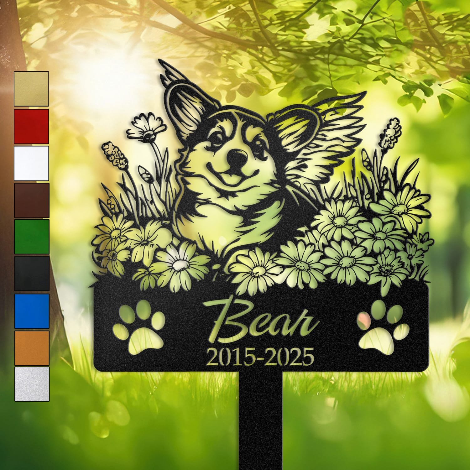 Color swatch chart showing the available powder-coat finish colors for the Corgi pet grave marker.