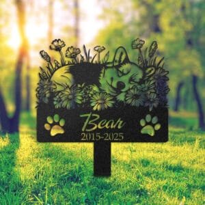 Corgi resting in a peaceful sleeping pose within a daisy floral border on a personalized metal garden stake, with paw print cutouts at the base.