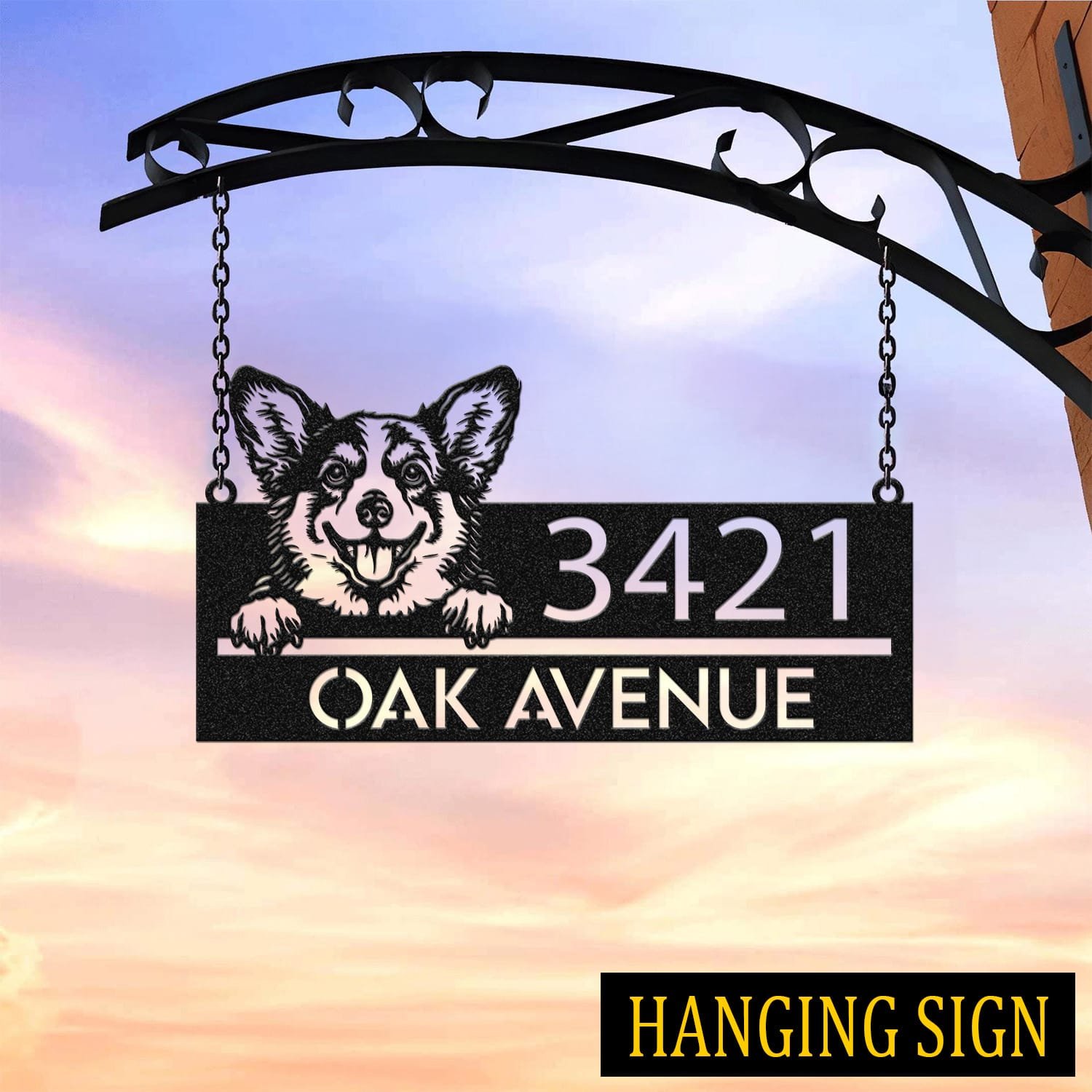 Corgi address sign hanging by chains from a wrought iron bracket