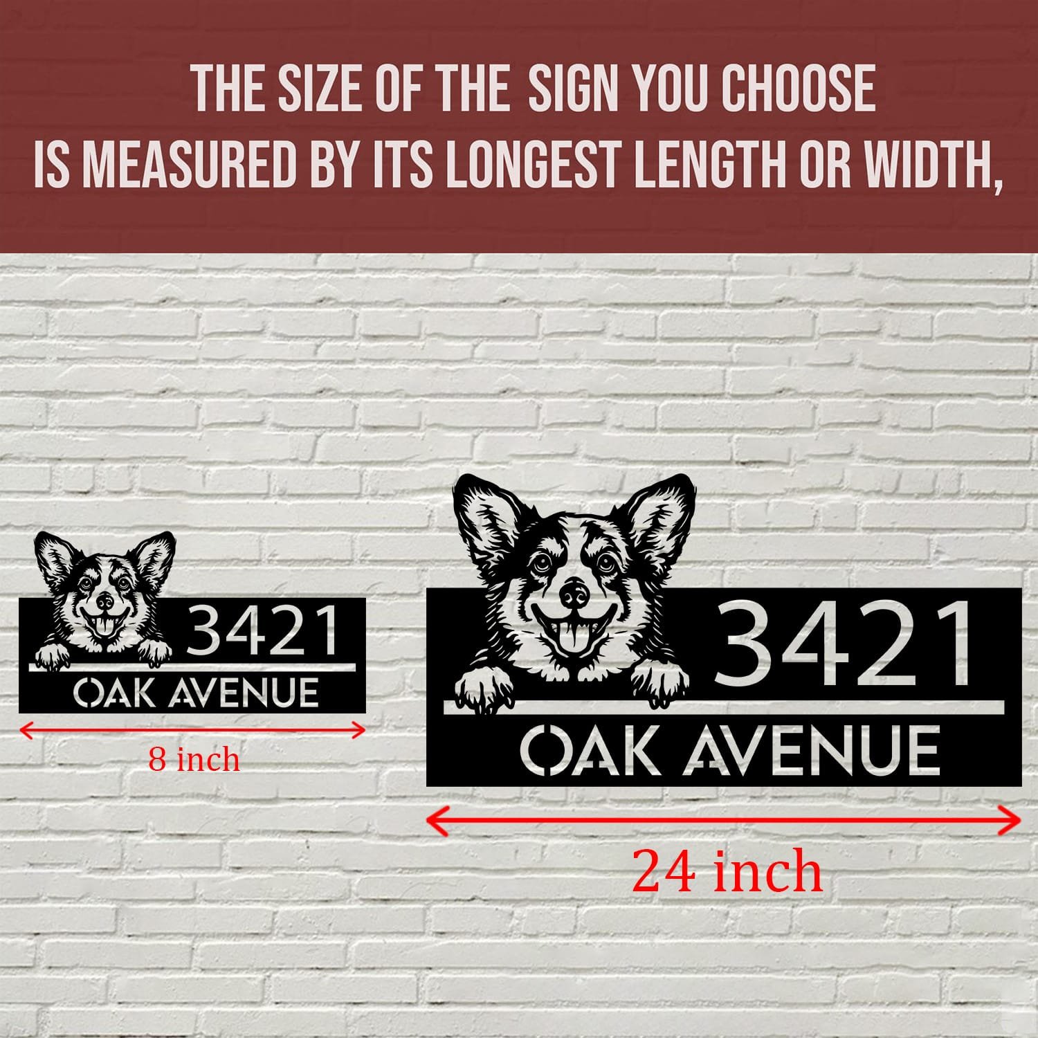 Size comparison chart showing the Corgi address sign at 8 inch and 24 inch sizes