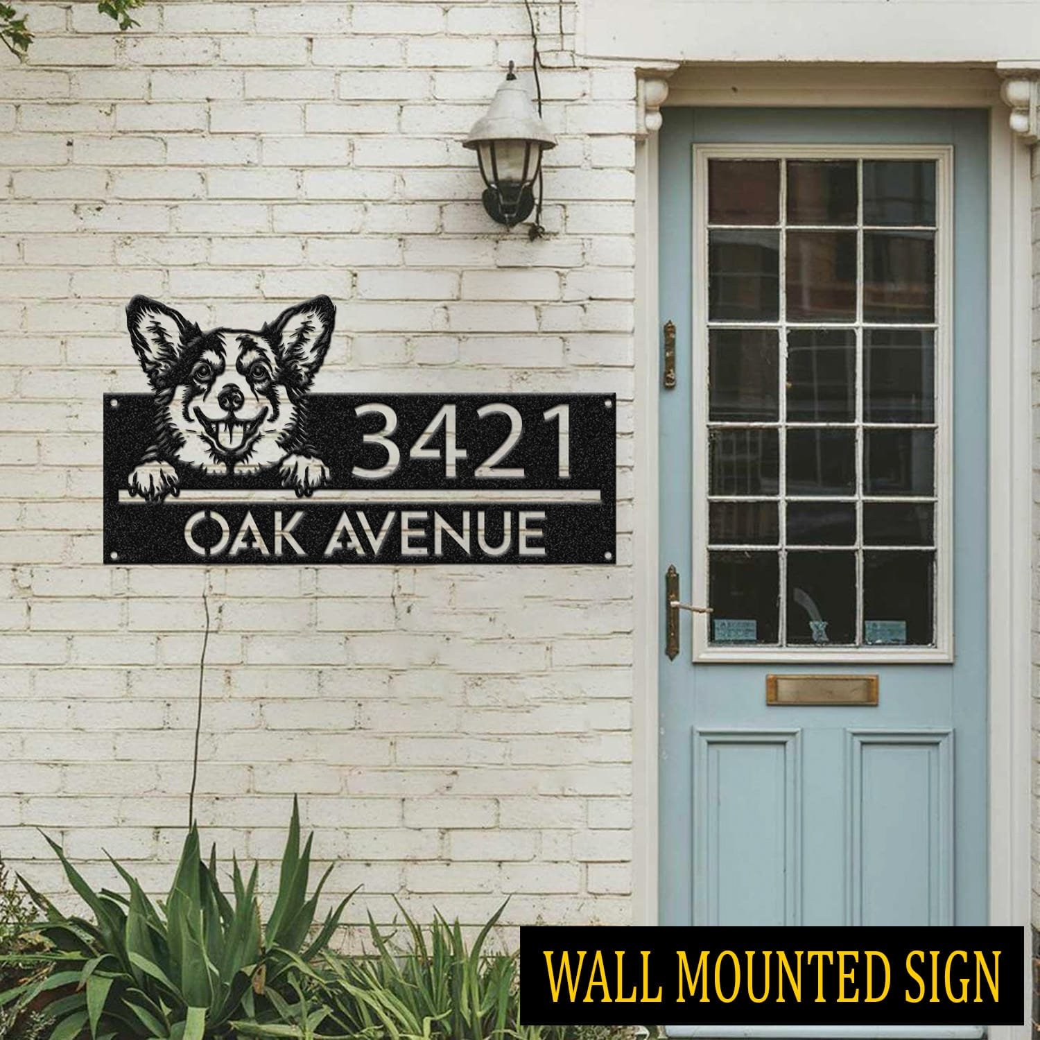 Corgi address sign attached flush to a brick wall