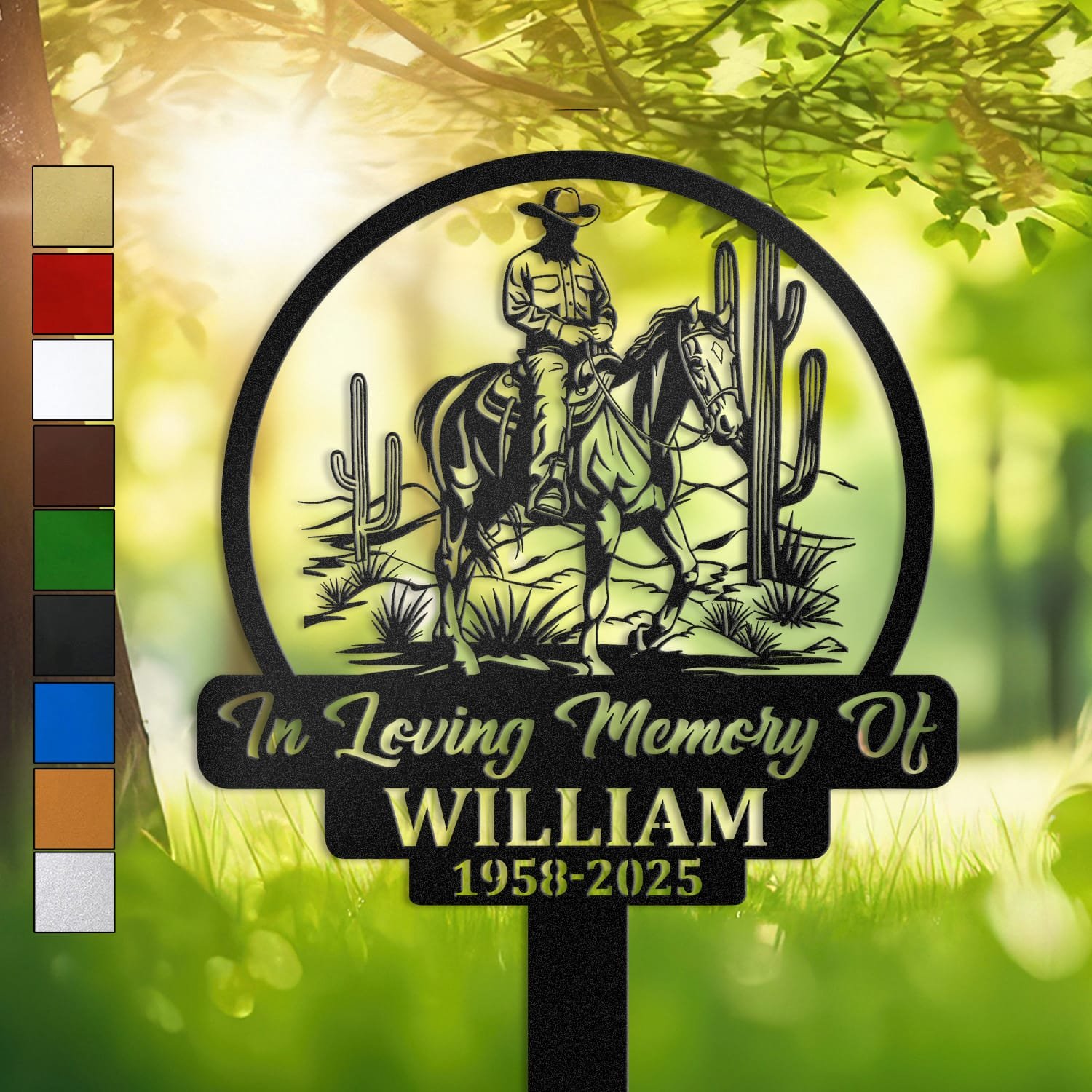 Metal memorial design of a cowboy riding a horse through a desert landscape with saguaro cacti, set within a circular medallion frame and engraved with 'In Loving Memory Of', personalized with a name and memorial years.