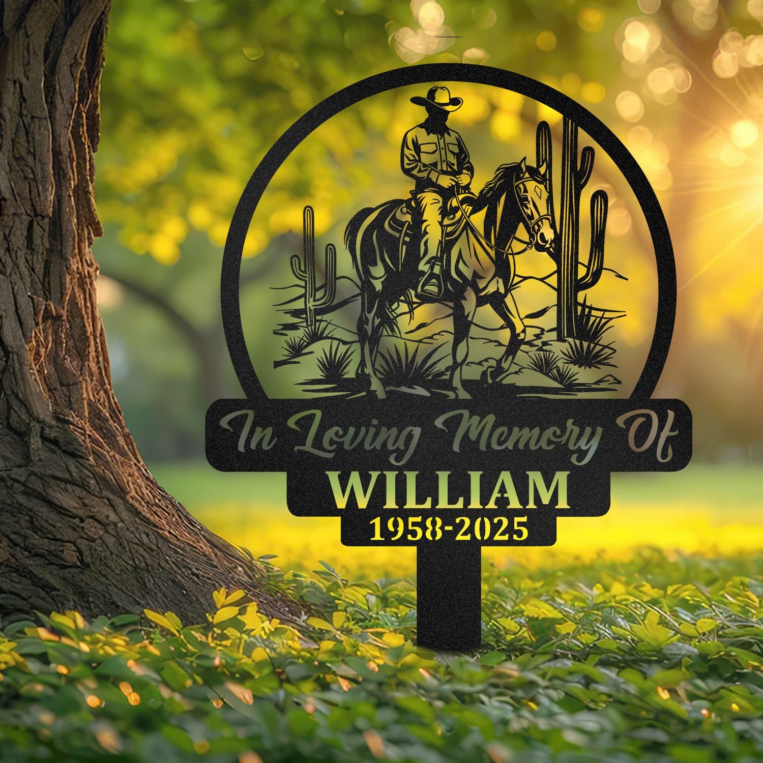 Cowboy human grave marker displayed outdoors in a garden setting, showing the personalized design in place on the stake.