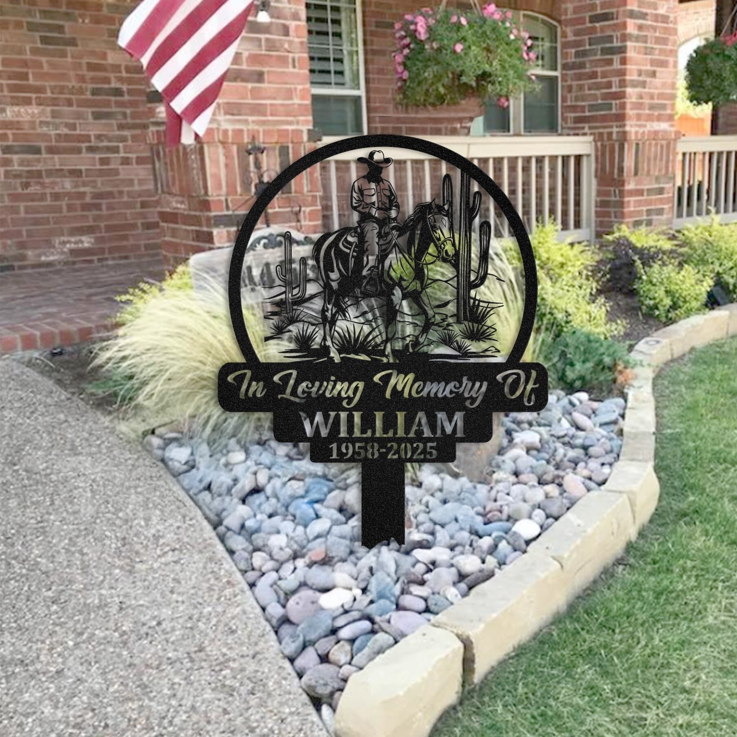 Cowboy human grave marker staged near a home entryway, showing the finished design and personalization outdoors.