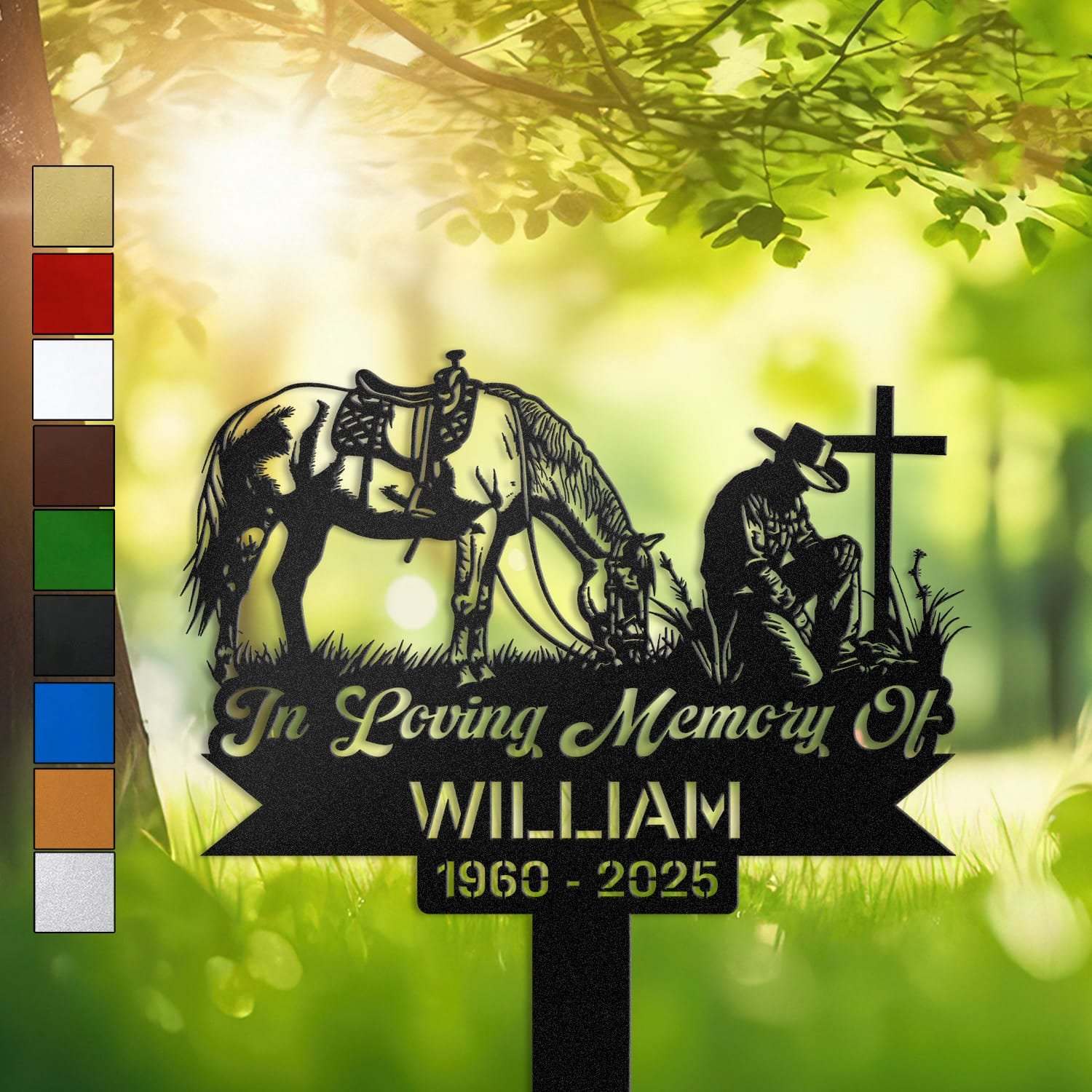 Metal memorial design of a saddled horse grazing beside a cowboy kneeling at a wooden cross, engraved with 'In Loving Memory Of', personalized with a name and memorial years.