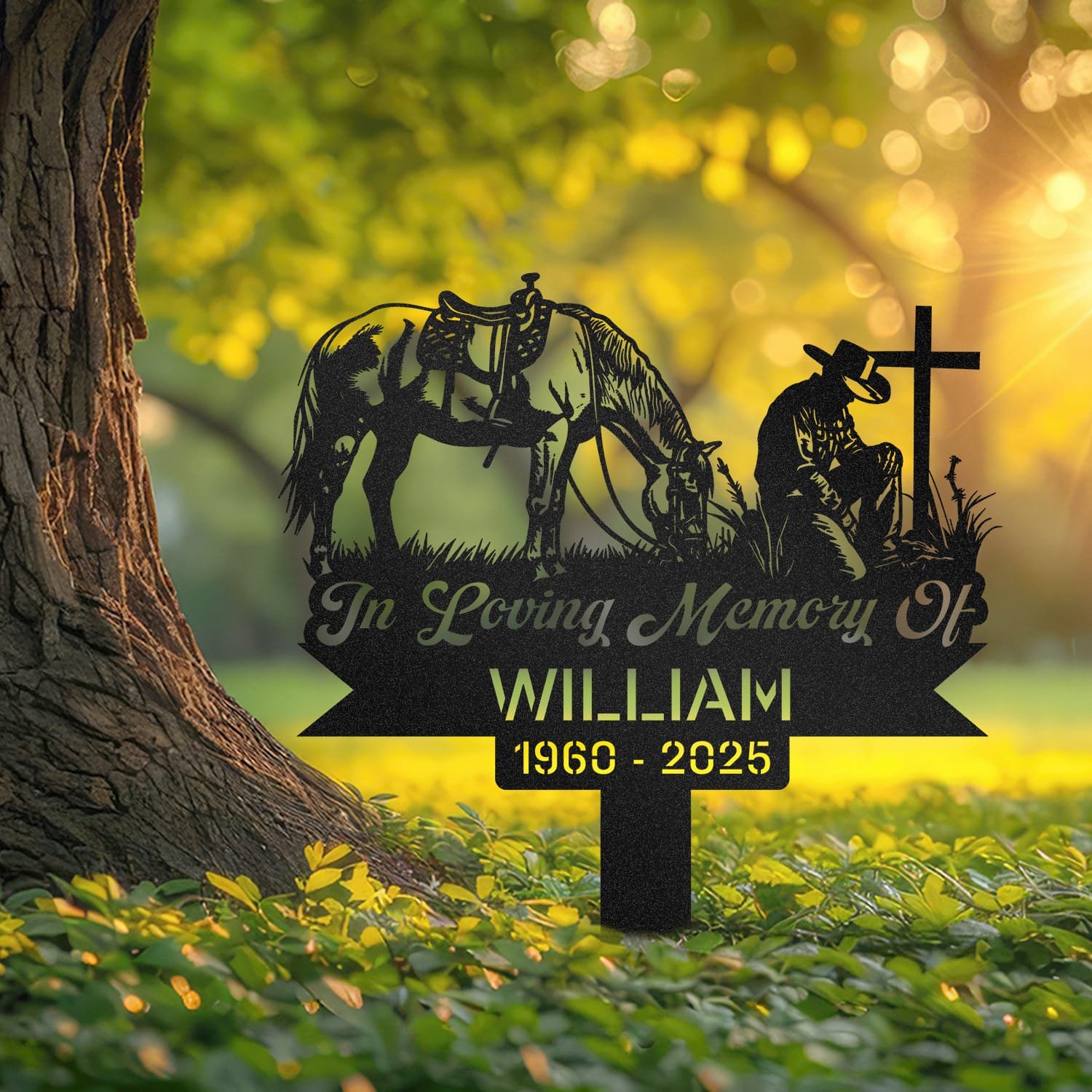 Cowboy human grave marker displayed outdoors in a garden setting, showing the personalized design in place on the stake.