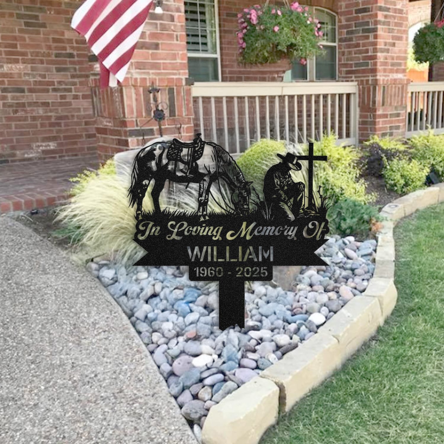 Cowboy human grave marker staged near a home entryway, showing the finished design and personalization outdoors.