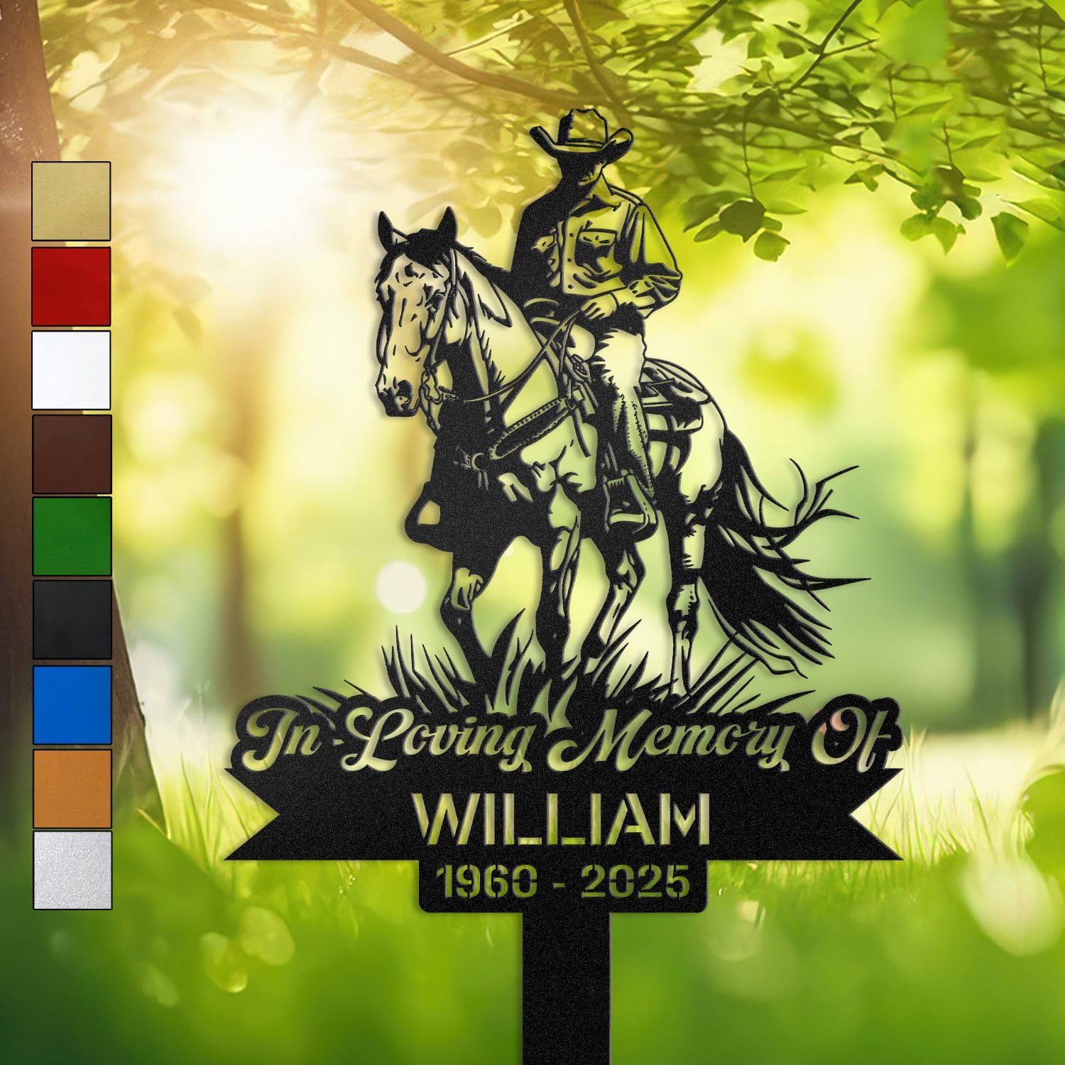 Metal memorial design of a cowboy riding a horse, viewed from the front, set within a circular medallion frame and engraved with 'In Loving Memory Of', personalized with a name and memorial years.