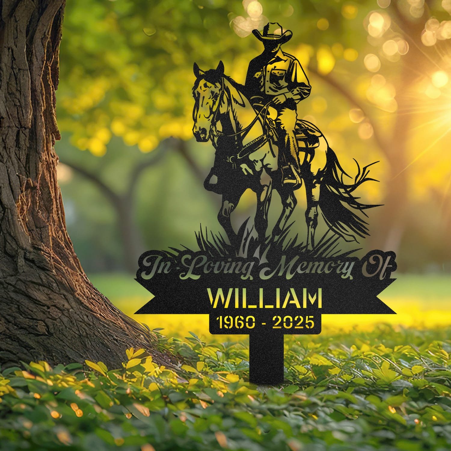 Cowboy human grave marker displayed outdoors in a garden setting, showing the personalized design in place on the stake.
