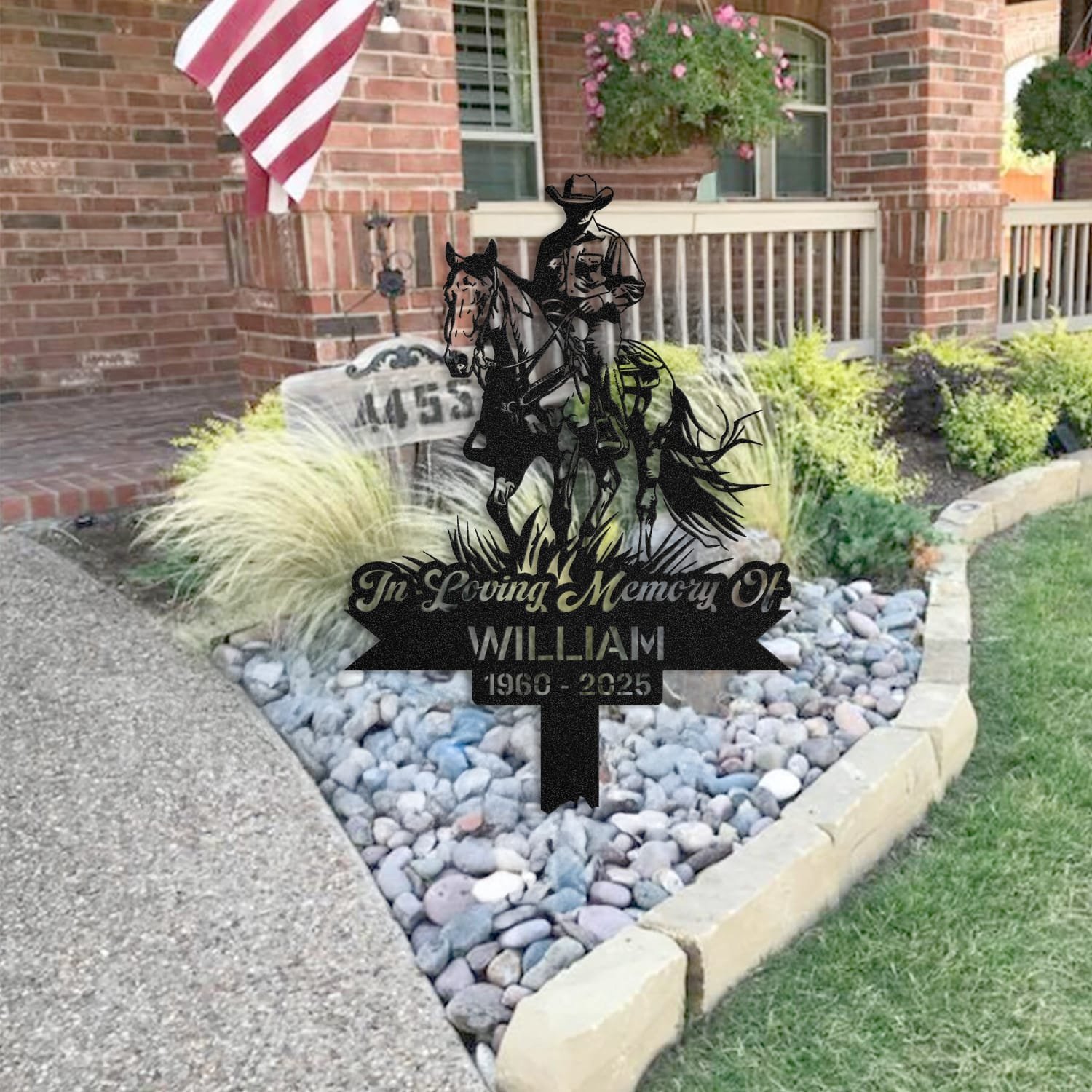 Cowboy human grave marker staged near a home entryway, showing the finished design and personalization outdoors.