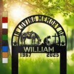 Metal memorial design of a saddled horse grazing beside a cowboy kneeling at a wooden cross, set within an arched, star-accented frame and engraved with 'In Loving Memory Of', personalized with a name and memorial years.