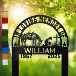 Metal memorial design of a saddled horse grazing beside a cowboy kneeling at a wooden cross, set within an arched, star-accented frame and engraved with 'In Loving Memory Of', personalized with a name and memorial years.