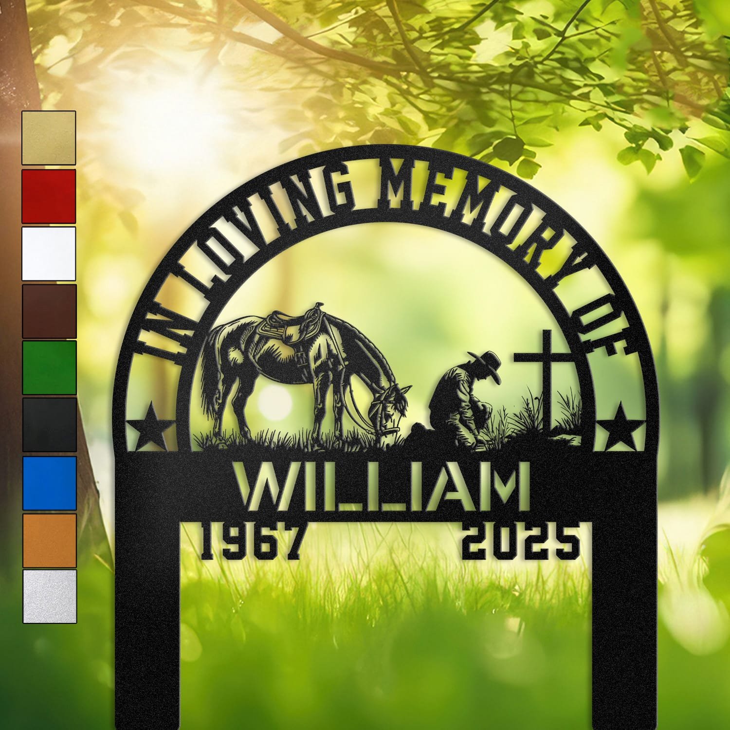 Metal memorial design of a saddled horse grazing beside a cowboy kneeling at a wooden cross, set within an arched, star-accented frame and engraved with 'In Loving Memory Of', personalized with a name and memorial years.