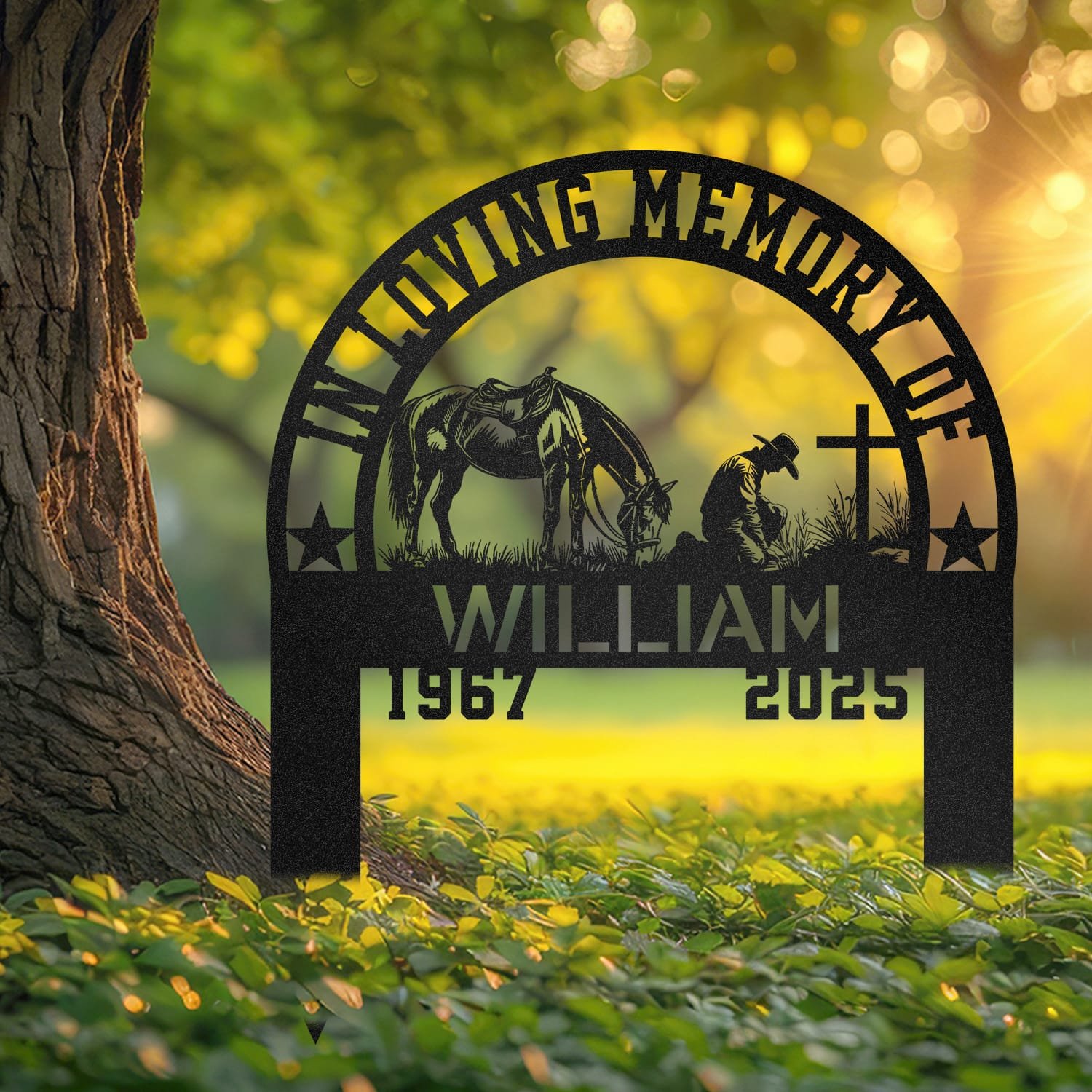 Cowboy human grave marker displayed outdoors in a garden setting, showing the personalized design in place on the stake.