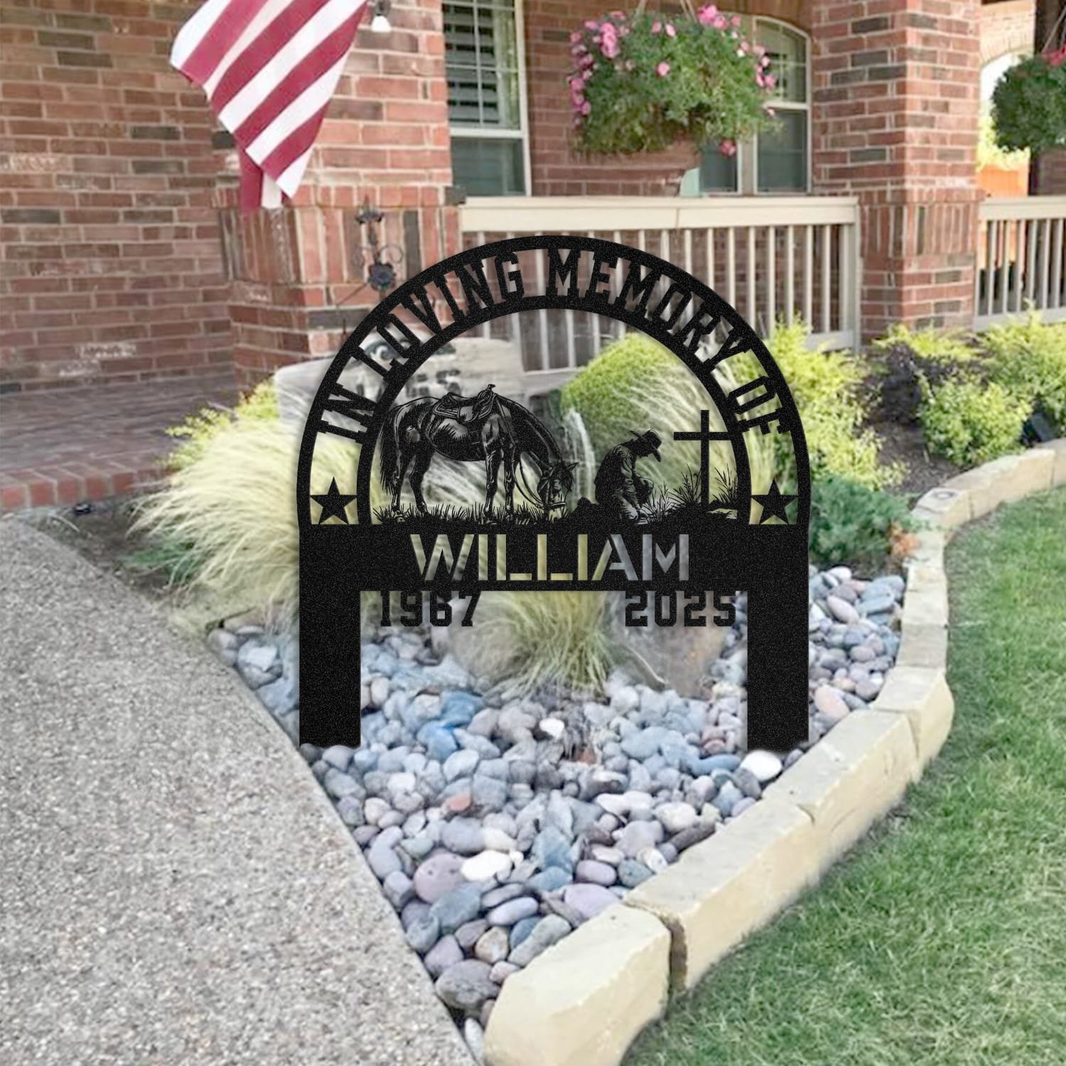 Cowboy human grave marker staged near a home entryway, showing the finished design and personalization outdoors.