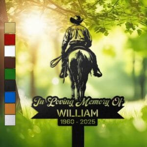Metal memorial design of a cowboy riding a horse away from the viewer, set within a circular medallion frame and engraved with 'In Loving Memory Of', personalized with a name and memorial years.