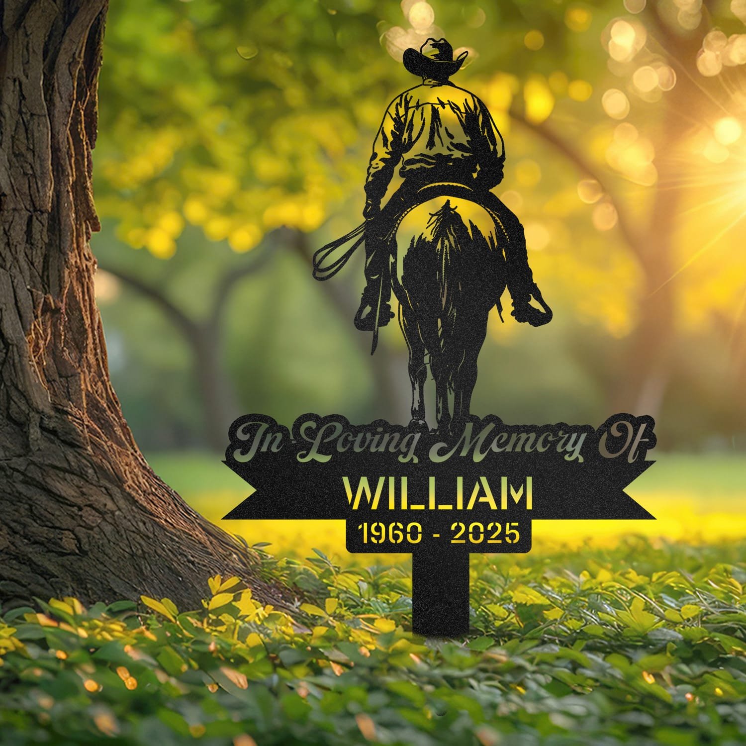 Cowboy human grave marker displayed outdoors in a garden setting, showing the personalized design in place on the stake.