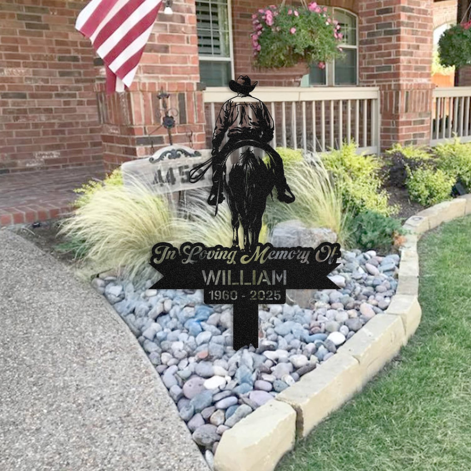 Cowboy human grave marker staged near a home entryway, showing the finished design and personalization outdoors.