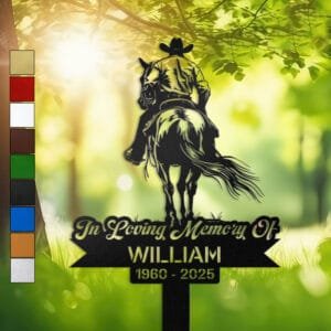 Metal memorial design of a cowboy riding a horse away from the viewer along a trail, set within a circular medallion frame and engraved with 'In Loving Memory Of', personalized with a name and memorial years.