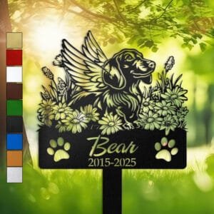 Dachshund silhouette with angel wings surrounded by a daisy floral border on a personalized metal garden stake, with paw print cutouts at the base.