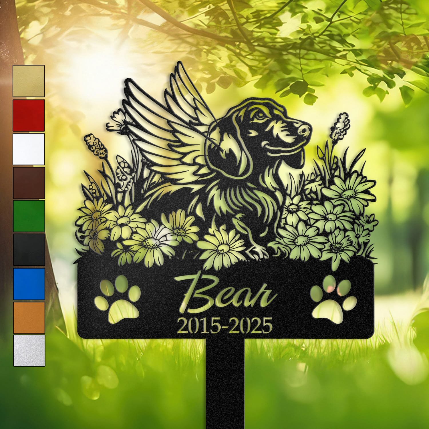 Dachshund silhouette with angel wings surrounded by a daisy floral border on a personalized metal garden stake, with paw print cutouts at the base.