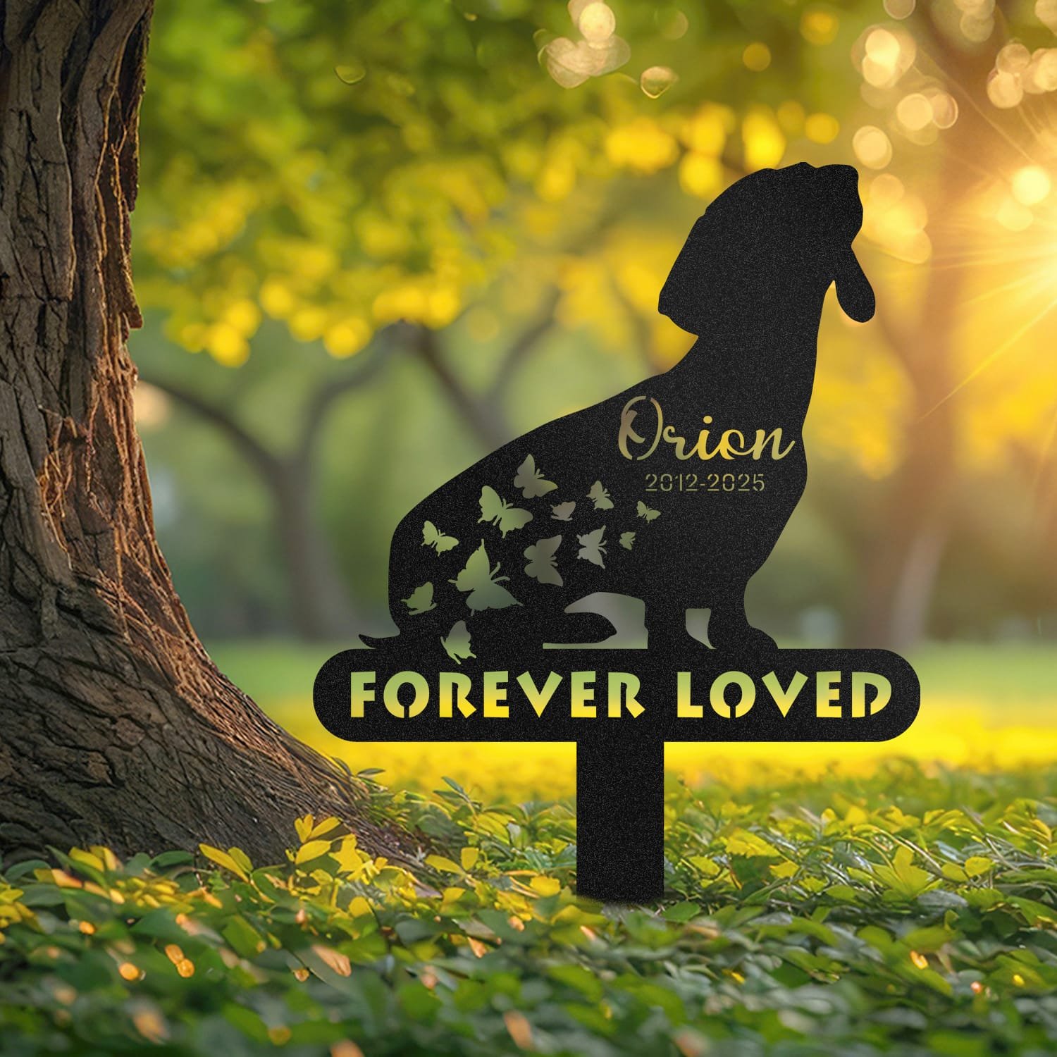 Dachshund silhouette with a trail of butterflies and a 'Forever Loved' engraving on a single-post personalized metal garden stake.