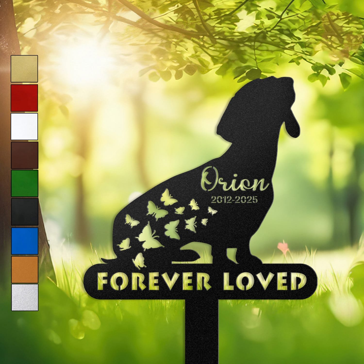 Color swatch chart showing the available powder-coat finish colors for the Dachshund pet grave marker.