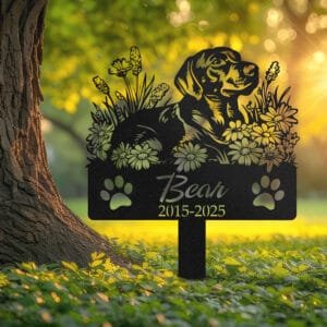 Dachshund resting in a peaceful sleeping pose within a daisy floral border on a personalized metal garden stake, with paw print cutouts at the base.