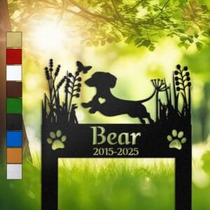 Dachshund silhouette with a heart cutout, a butterfly accent, and wild grasses on a two-post personalized metal garden stake.