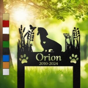 Dachshund silhouette with a heart cutout, a butterfly accent, and wild grasses on a two-post personalized metal garden stake.