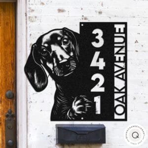 Personalized Dachshund address sign with a Dachshund face peeking over a vertical house number plaque reading 3421 Oak Avenue