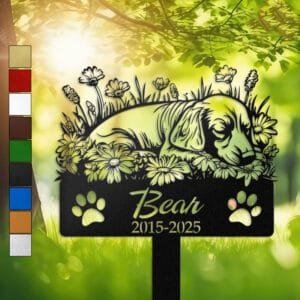 Dachshund resting in a peaceful sleeping pose within a daisy floral border on a personalized metal garden stake, with paw print cutouts at the base.