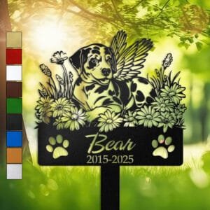 Personalized Dalmatian metal pet grave marker with angel wings and daisy flowers, displayed in a sunlit garden with color swatch options