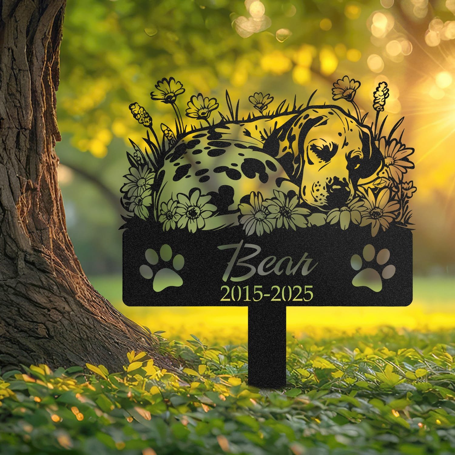 Personalized Dalmatian metal pet grave marker in a sleeping pose surrounded by daisy flowers, displayed in a sunlit garden with color swatch options