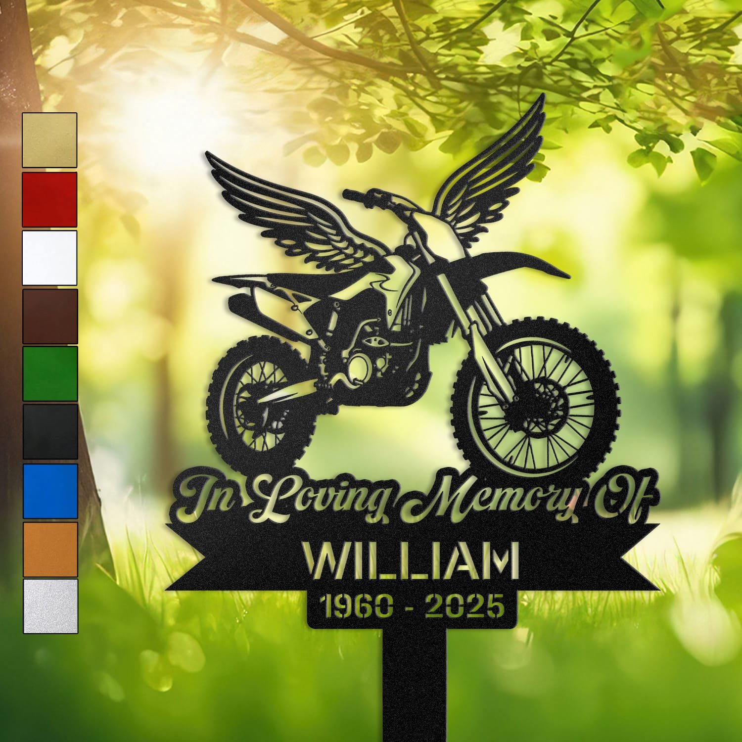 Dirt Bike silhouette with angel wings, engraved with 'In Loving Memory Of' on a personalized metal garden stake.