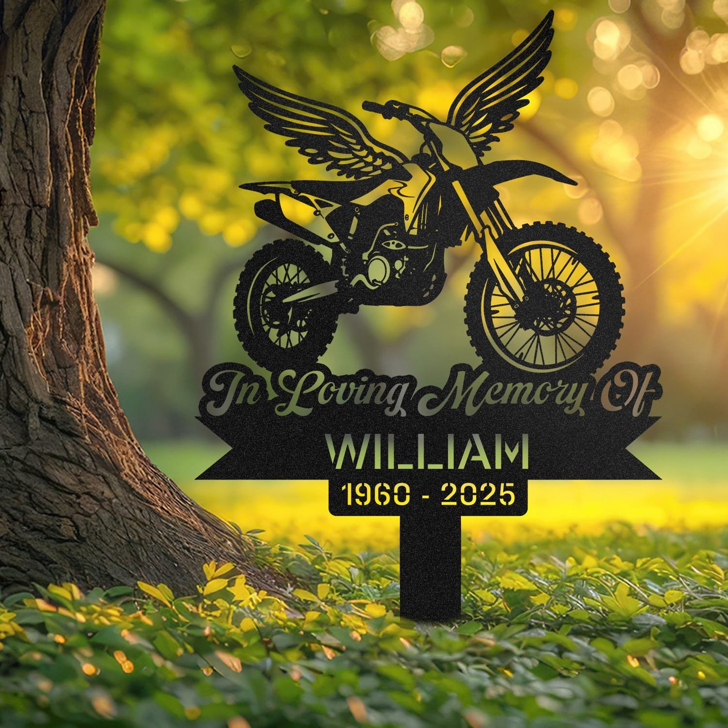 Dirt Bike human grave marker displayed outdoors in a garden setting, showing the personalized dirt bike angel wings design in place on the stake.