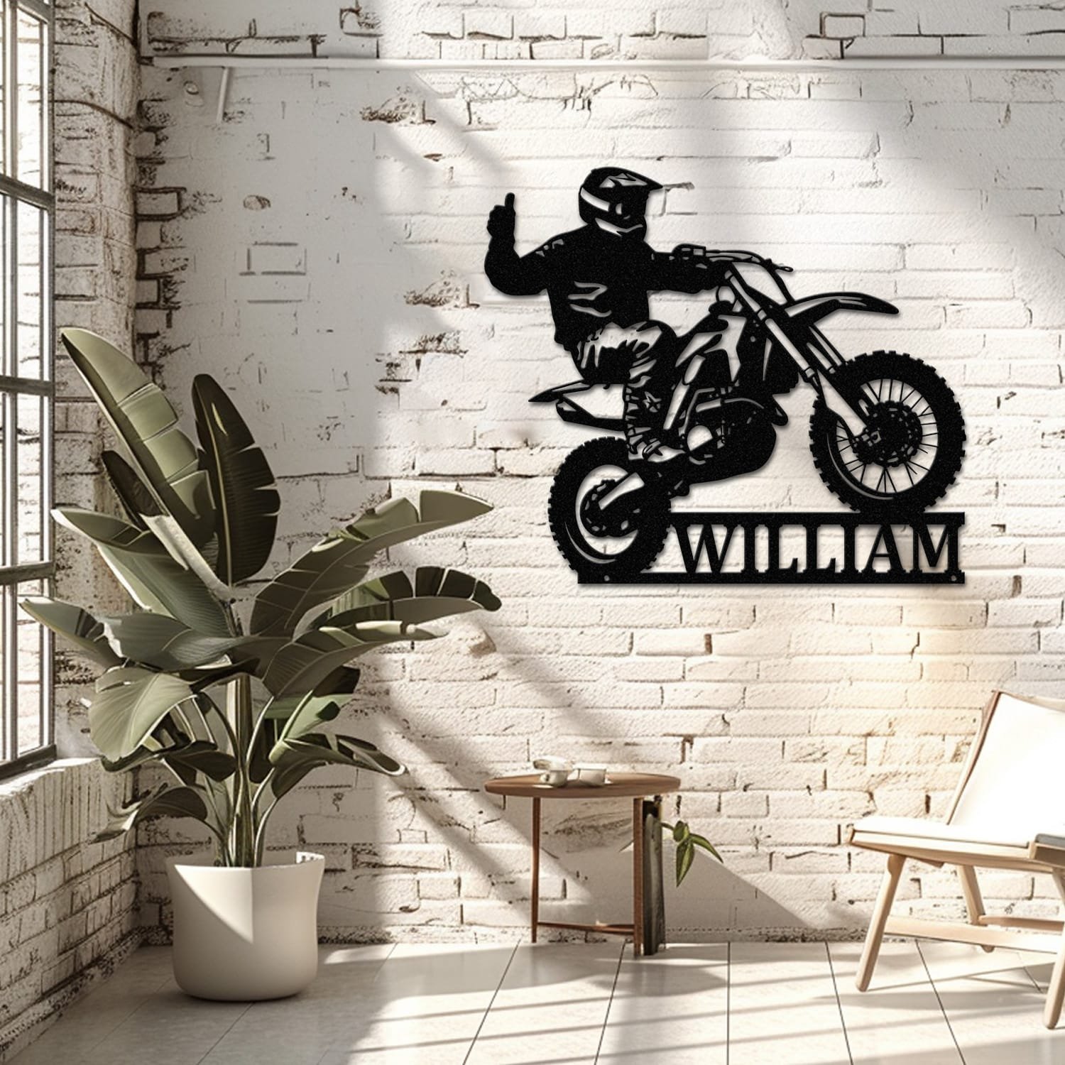 Dirt Bike name sign displayed on a living room wall, showing the design in a home decor setting.