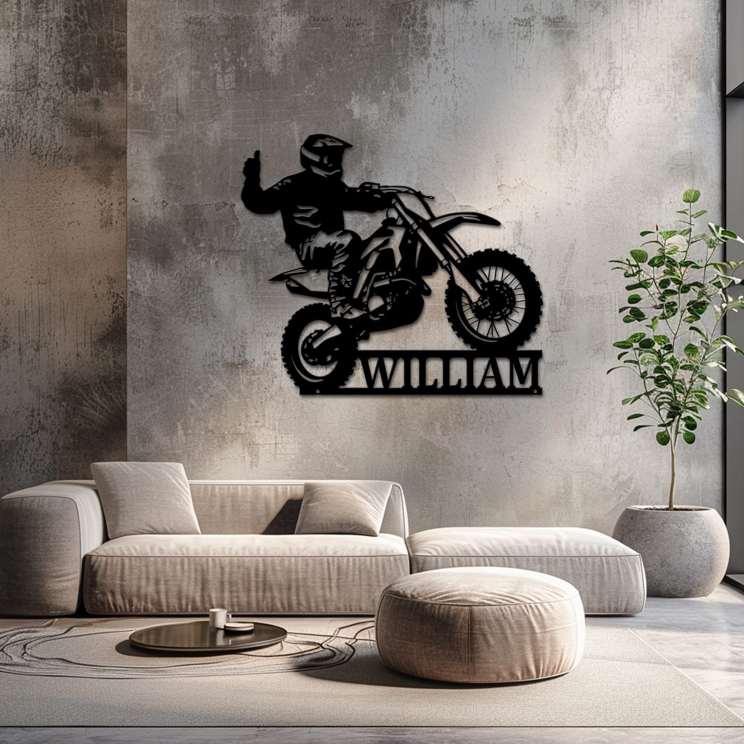 Dirt Bike name sign staged on a neutral wall with soft furnishings nearby, showing the finished design indoors.