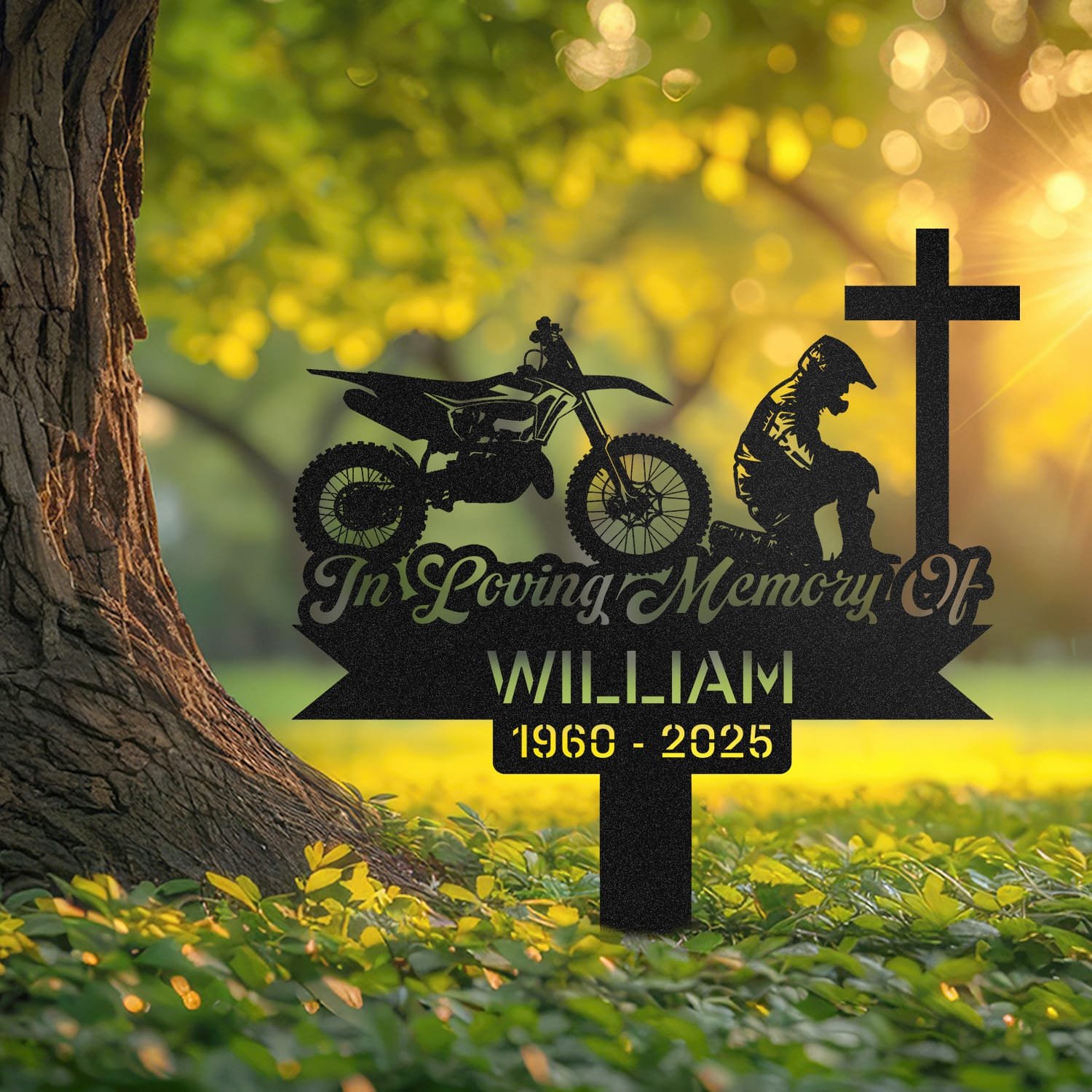 Dirt Bike paired with a kneeling rider silhouette beside a cross, engraved with 'In Loving Memory Of' on a personalized metal garden stake.