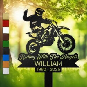 Rider silhouette giving a thumbs-up atop a dirt bike, engraved with 'Riding With The Angels' on a personalized metal garden stake.