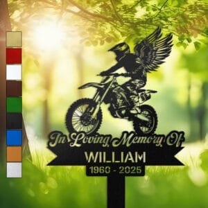 Winged rider silhouette atop a dirt bike, engraved with 'In Loving Memory Of' on a personalized metal garden stake.
