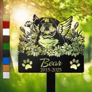 English Bulldog silhouette with angel wings surrounded by a daisy floral border on a personalized metal garden stake, with paw print cutouts at the base.